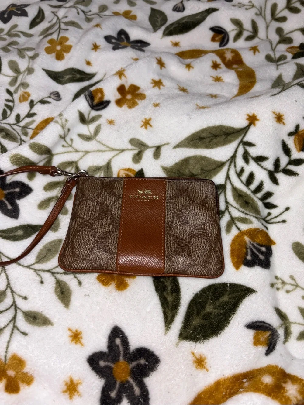 Coach Brown Signature Canvas Wristlet with Leather Trim